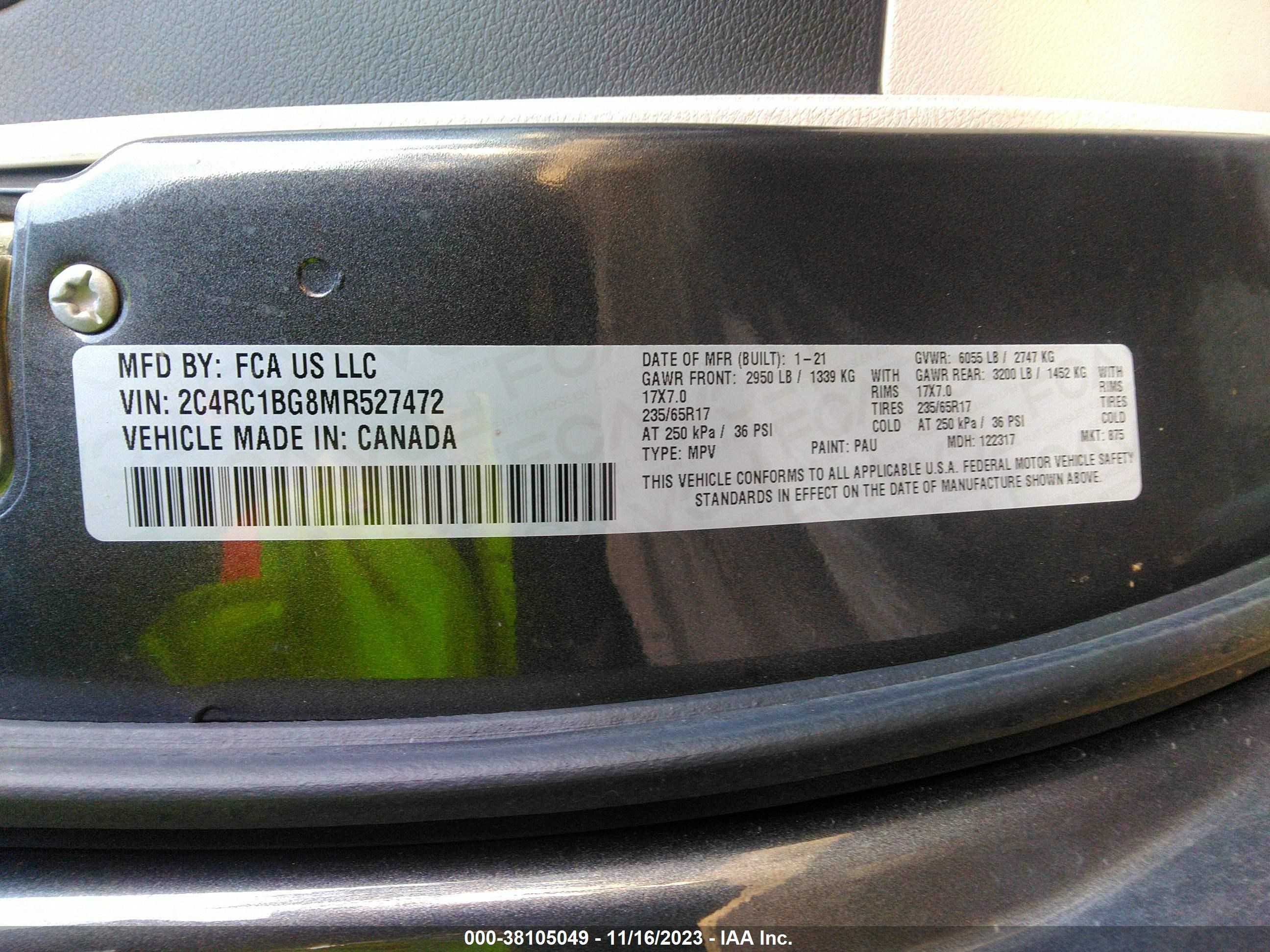 Photo 8 VIN: 2C4RC1BG8MR527472 - CHRYSLER PACIFICA 