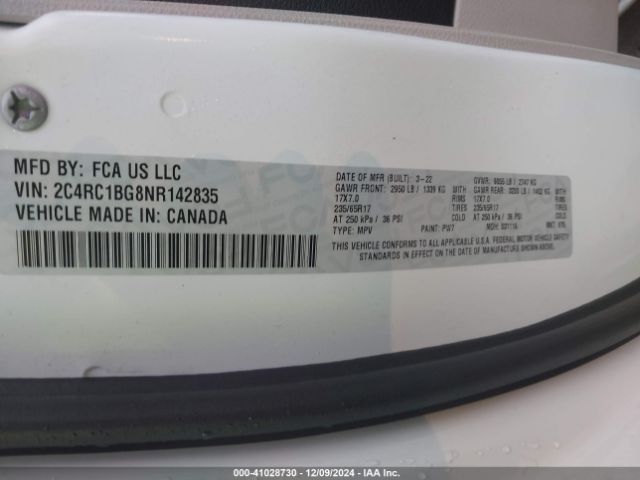 Photo 8 VIN: 2C4RC1BG8NR142835 - CHRYSLER PACIFICA 