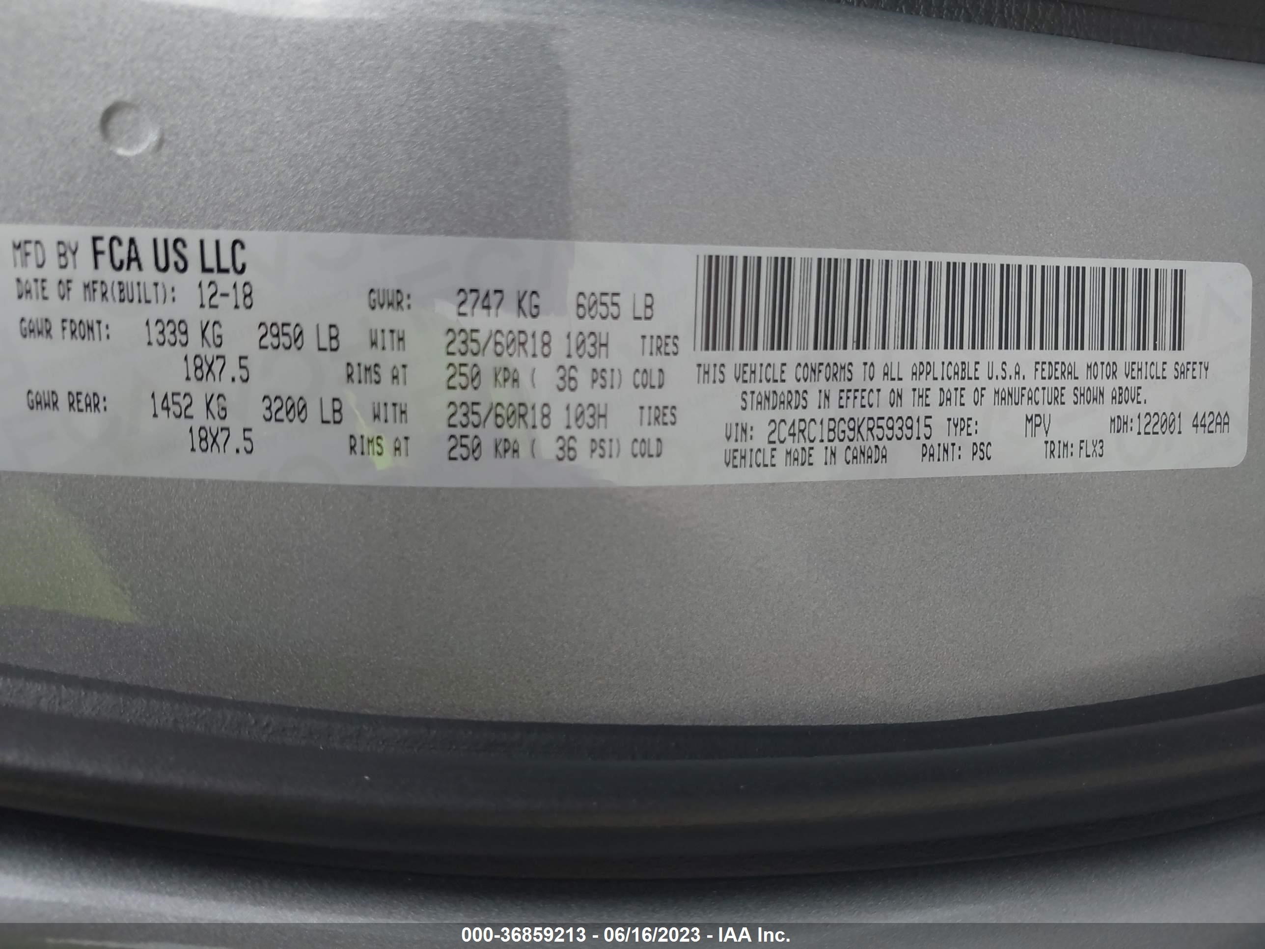 Photo 8 VIN: 2C4RC1BG9KR593915 - CHRYSLER PACIFICA 