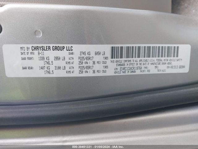 Photo 8 VIN: 2C4RC1CGXCR118760 - CHRYSLER TOWN & COUNTRY 