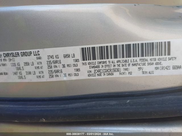 Photo 8 VIN: 2C4RC1CGXCR156361 - CHRYSLER TOWN & COUNTRY 