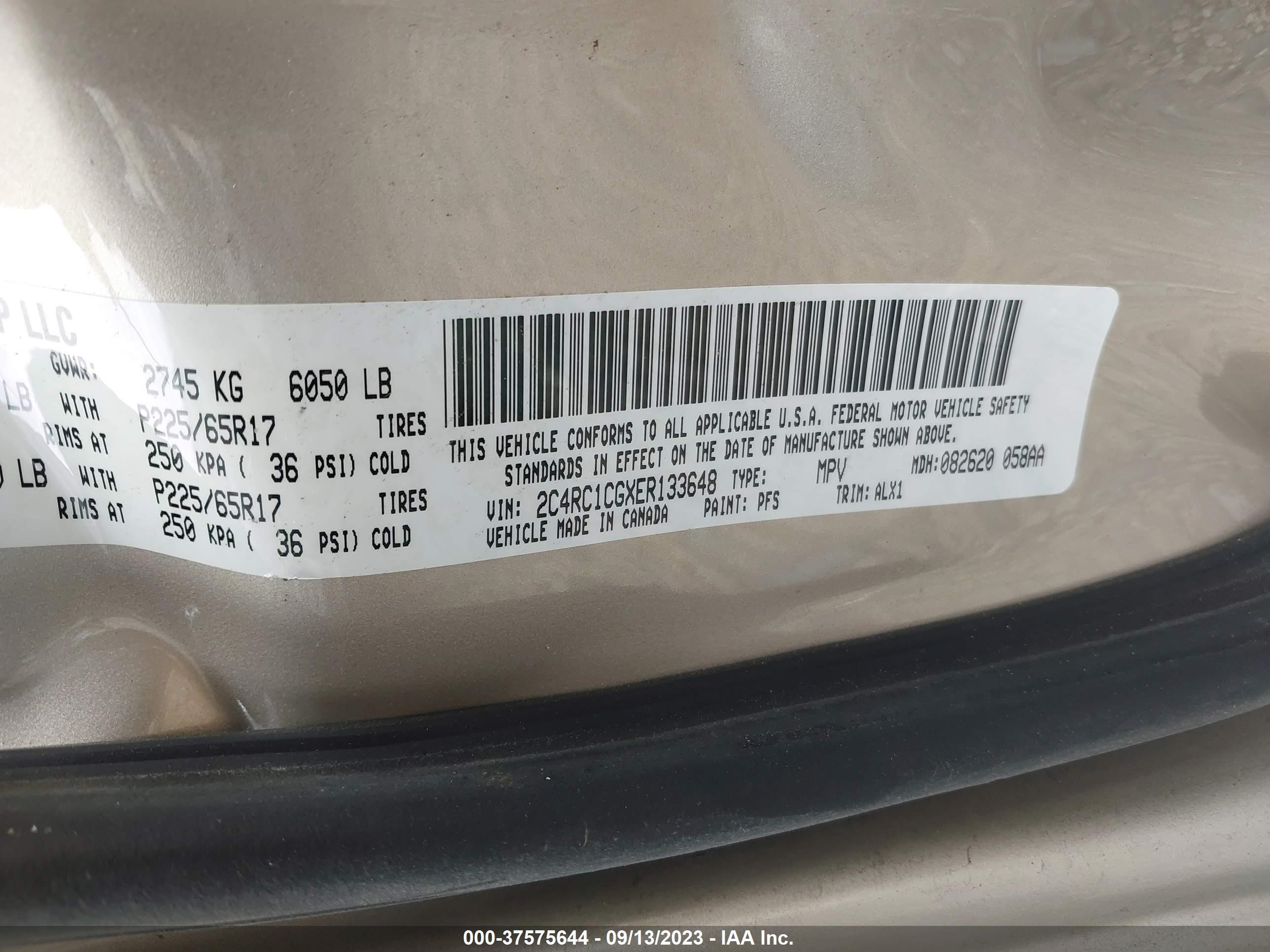 Photo 8 VIN: 2C4RC1CGXER133648 - CHRYSLER TOWN & COUNTRY 