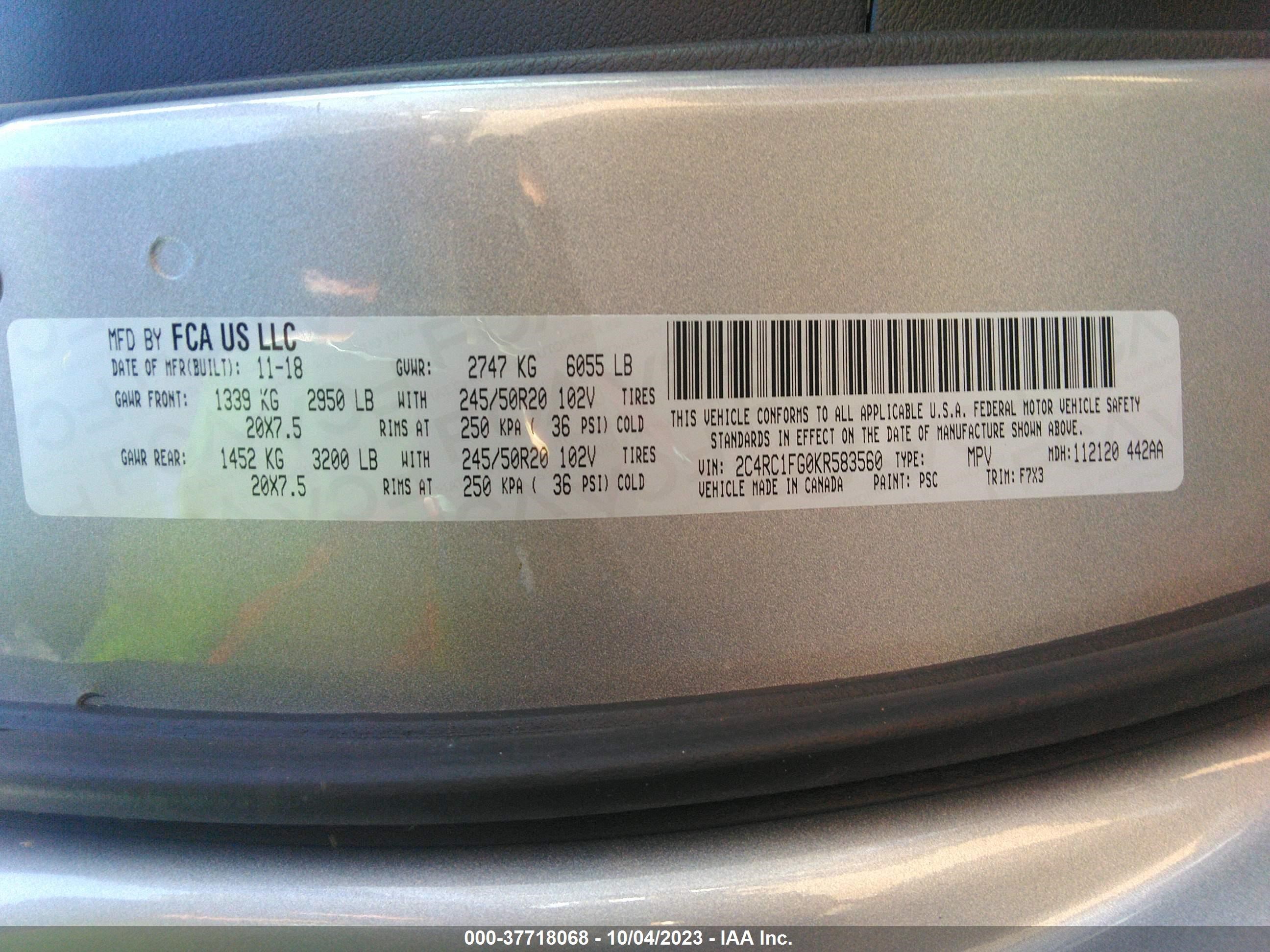 Photo 8 VIN: 2C4RC1FG0KR583560 - CHRYSLER PACIFICA 