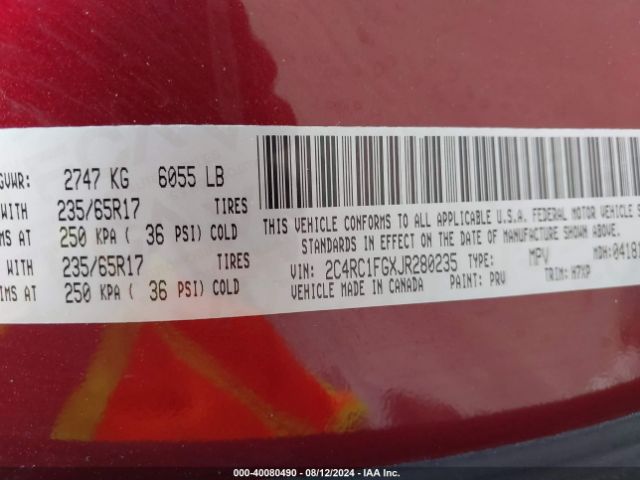 Photo 8 VIN: 2C4RC1FGXJR280235 - CHRYSLER PACIFICA 