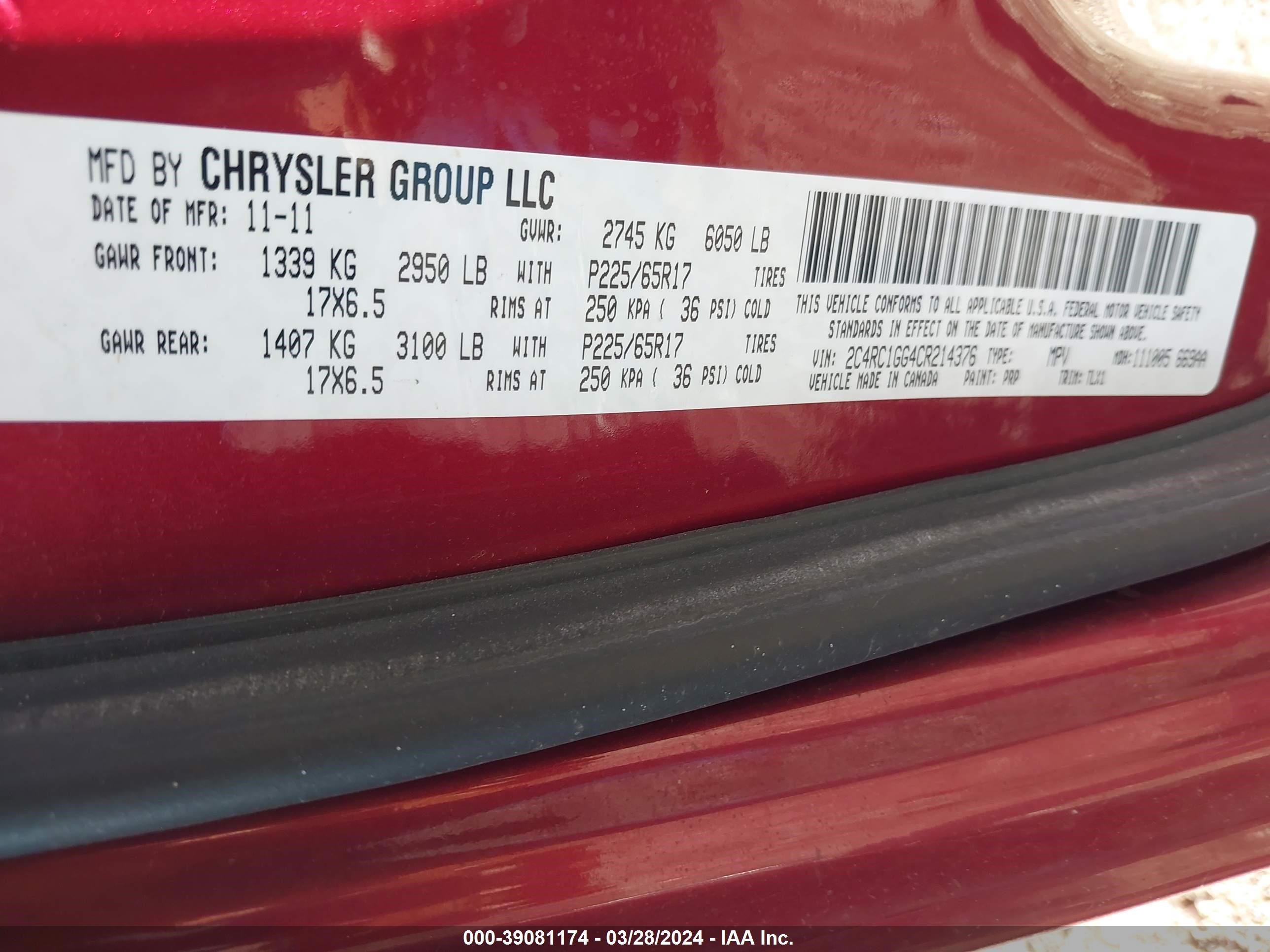 Photo 8 VIN: 2C4RC1GG4CR214376 - CHRYSLER TOWN & COUNTRY 