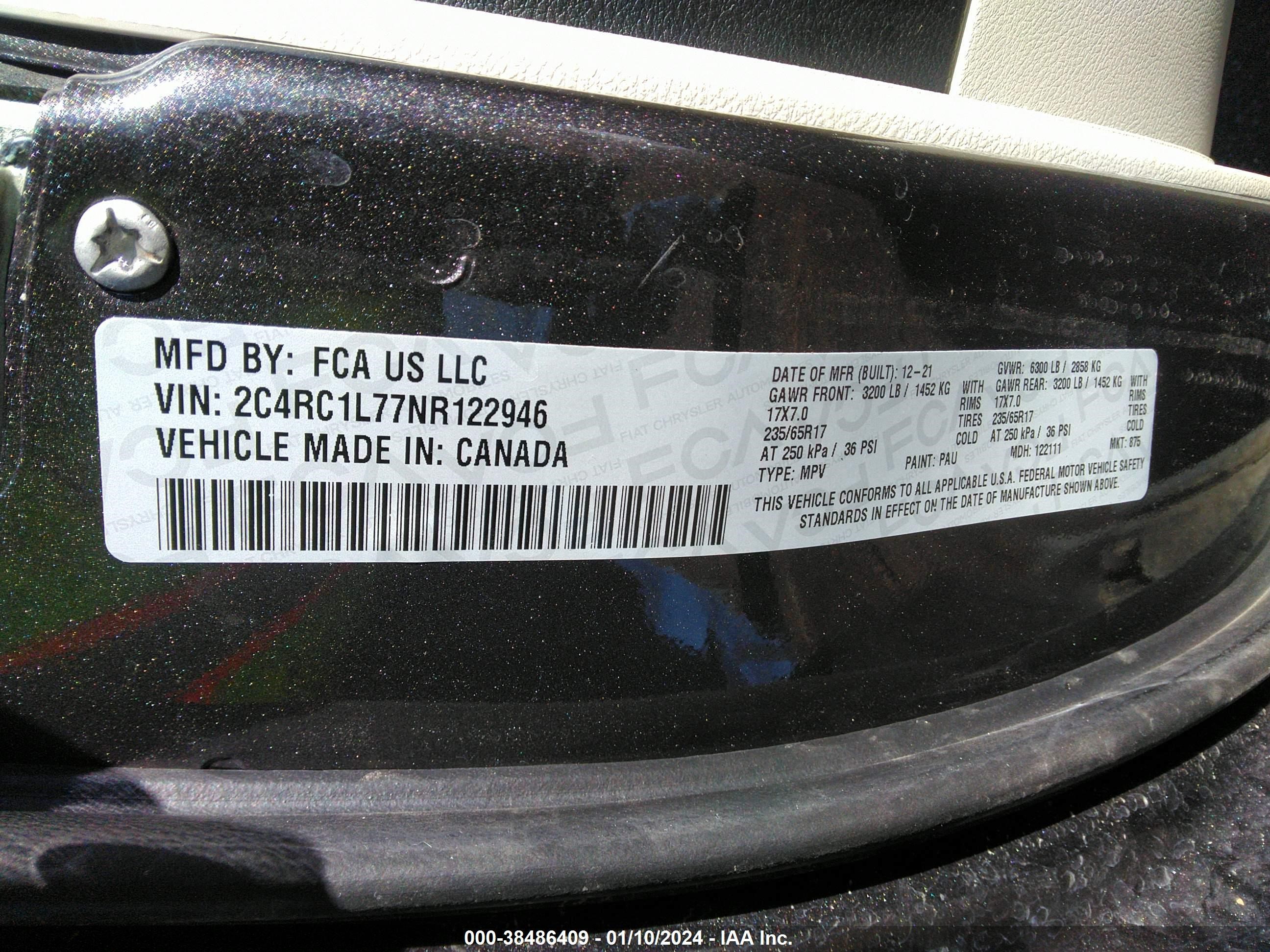 Photo 8 VIN: 2C4RC1L77NR122946 - CHRYSLER PACIFICA 