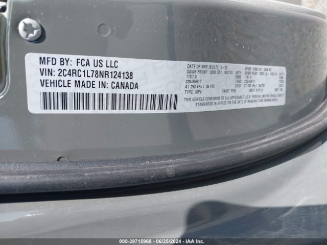 Photo 8 VIN: 2C4RC1L78NR124138 - CHRYSLER PACIFICA 