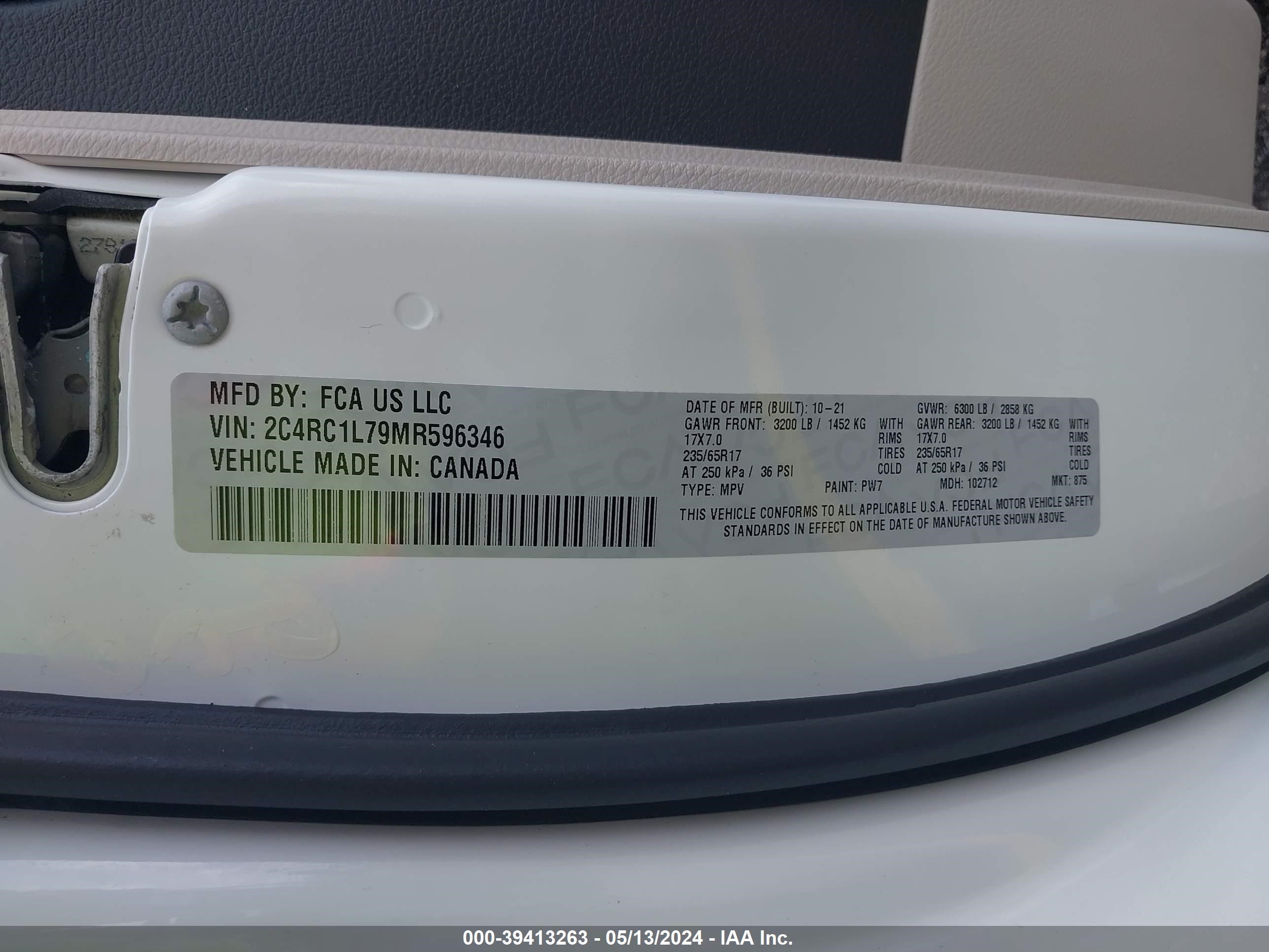 Photo 8 VIN: 2C4RC1L79MR596346 - CHRYSLER PACIFICA 