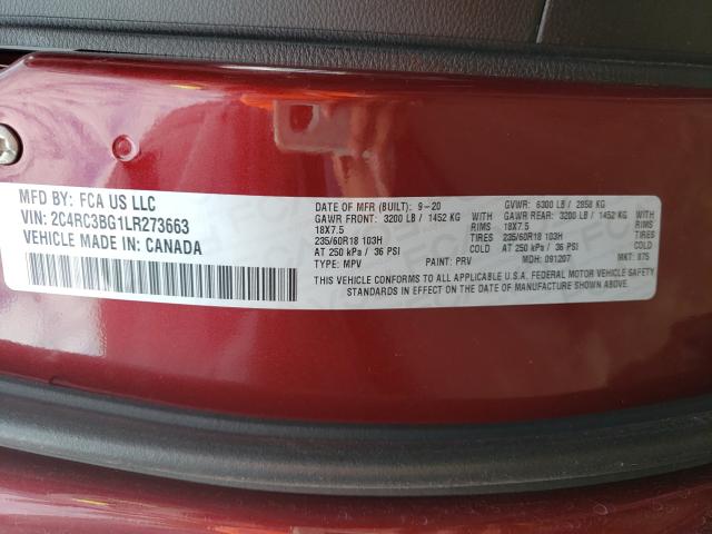 Photo 9 VIN: 2C4RC3BG1LR273663 - CHRYSLER PACIFICA T 