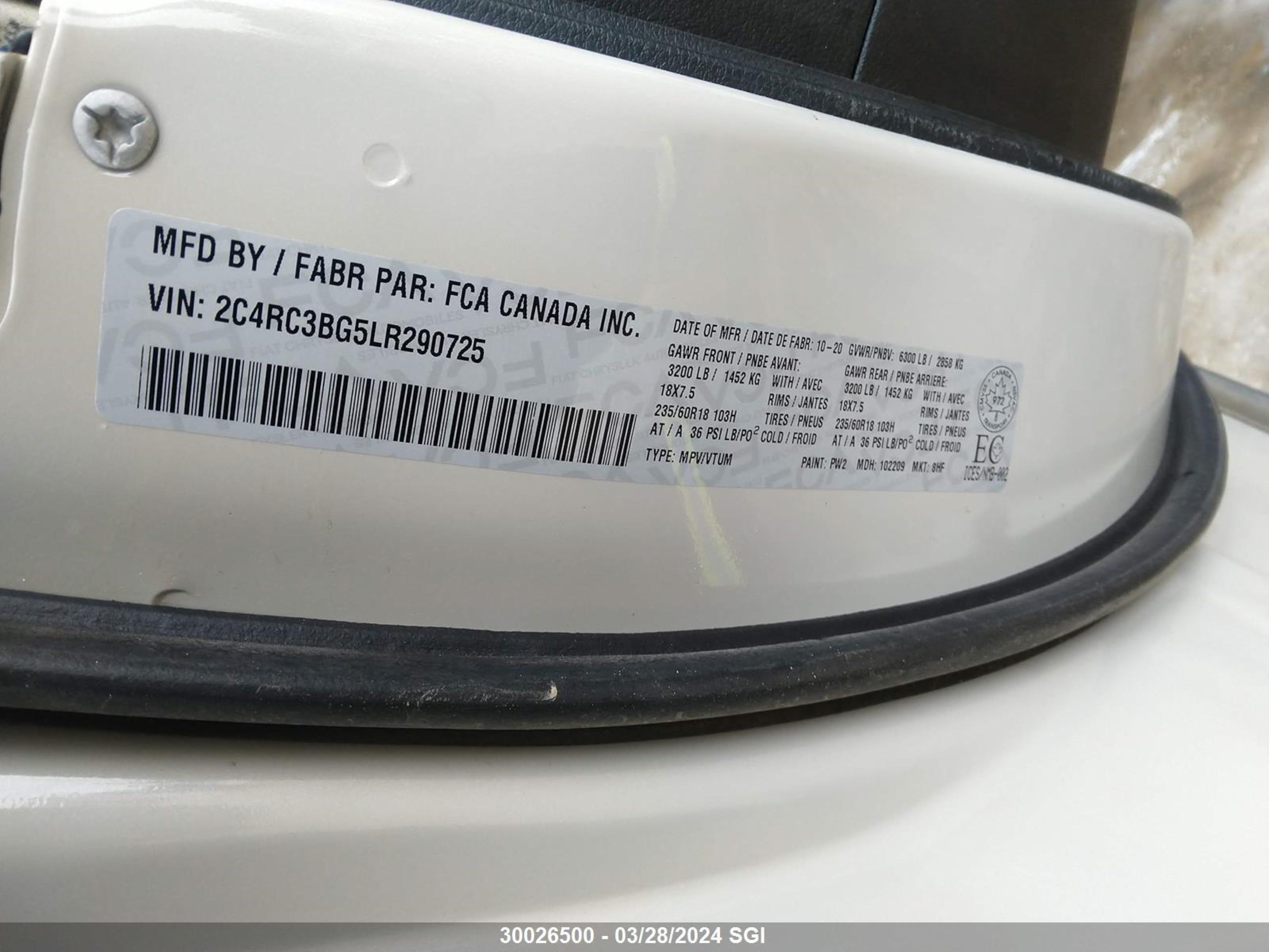 Photo 8 VIN: 2C4RC3BG5LR290725 - CHRYSLER PACIFICA 