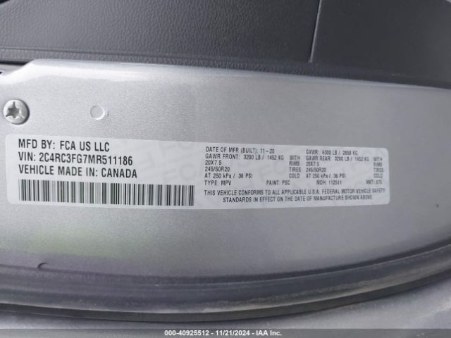 Photo 8 VIN: 2C4RC3FG7MR511186 - CHRYSLER PACIFICA 