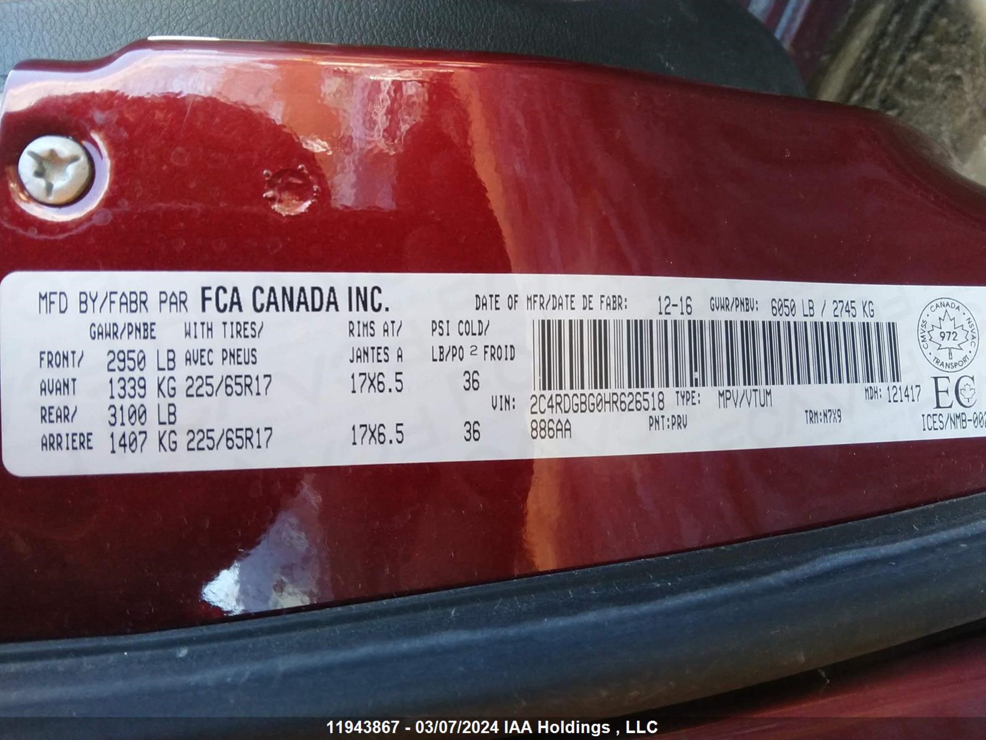 Photo 8 VIN: 2C4RDGBG0HR626518 - DODGE CARAVAN 