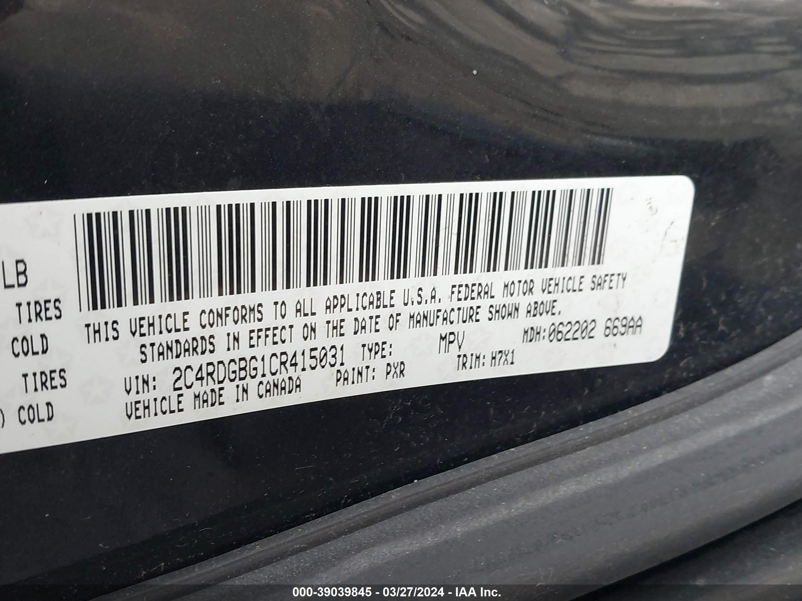 Photo 8 VIN: 2C4RDGBG1CR415031 - DODGE CARAVAN 