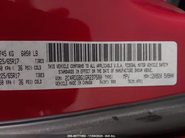 Photo 8 VIN: 2C4RDGBG1GR237580 - DODGE GRAND CARAVAN 