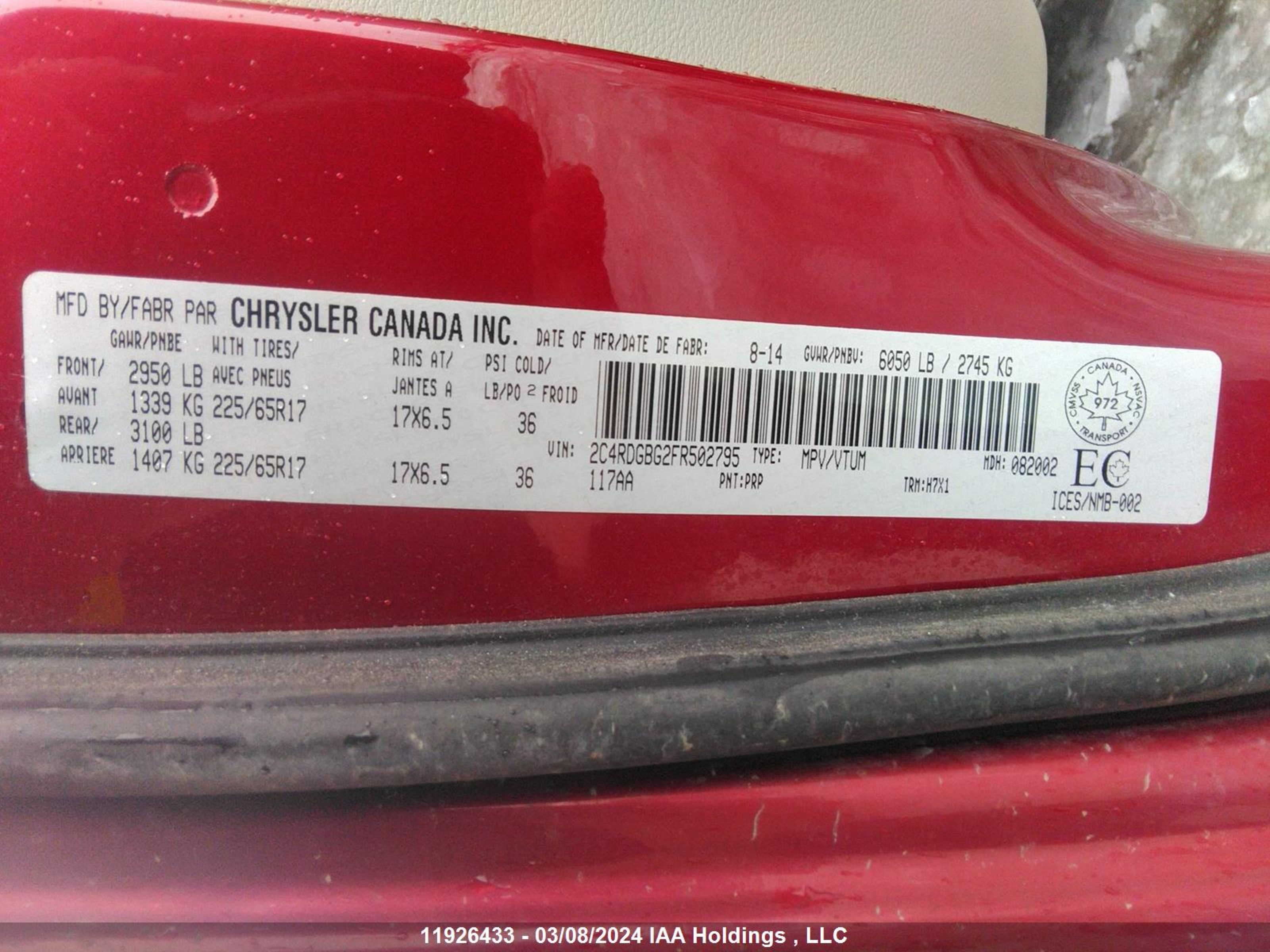 Photo 8 VIN: 2C4RDGBG2FR502795 - DODGE CARAVAN 