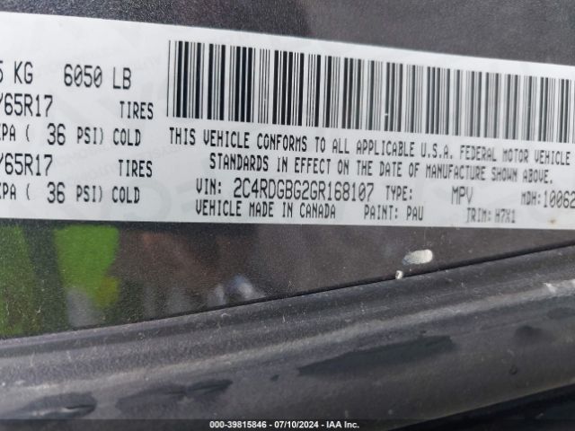 Photo 8 VIN: 2C4RDGBG2GR168107 - DODGE GRAND CARAVAN 