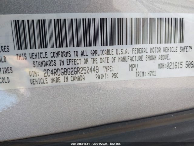 Photo 8 VIN: 2C4RDGBG2GR250449 - DODGE GRAND CARAVAN 