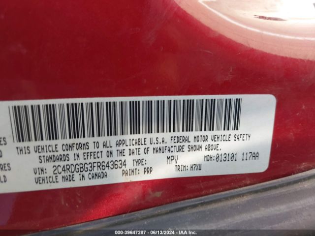 Photo 8 VIN: 2C4RDGBG3FR643634 - DODGE GRAND CARAVAN 