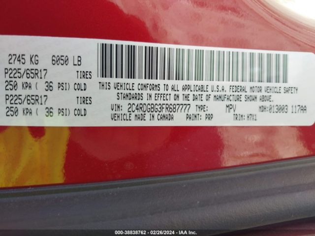 Photo 8 VIN: 2C4RDGBG3FR687777 - DODGE GRAND CARAVAN 