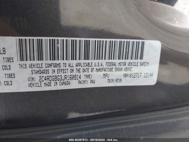 Photo 8 VIN: 2C4RDGBG3JR160914 - DODGE GRAND CARAVAN 