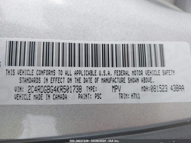 Photo 8 VIN: 2C4RDGBG4KR501738 - DODGE GRAND CARAVAN 