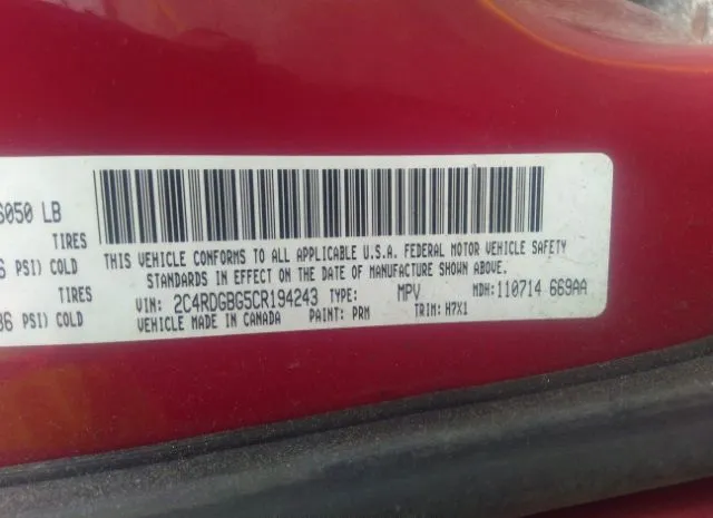 Photo 8 VIN: 2C4RDGBG5CR194243 - DODGE GRAND CARAVAN 