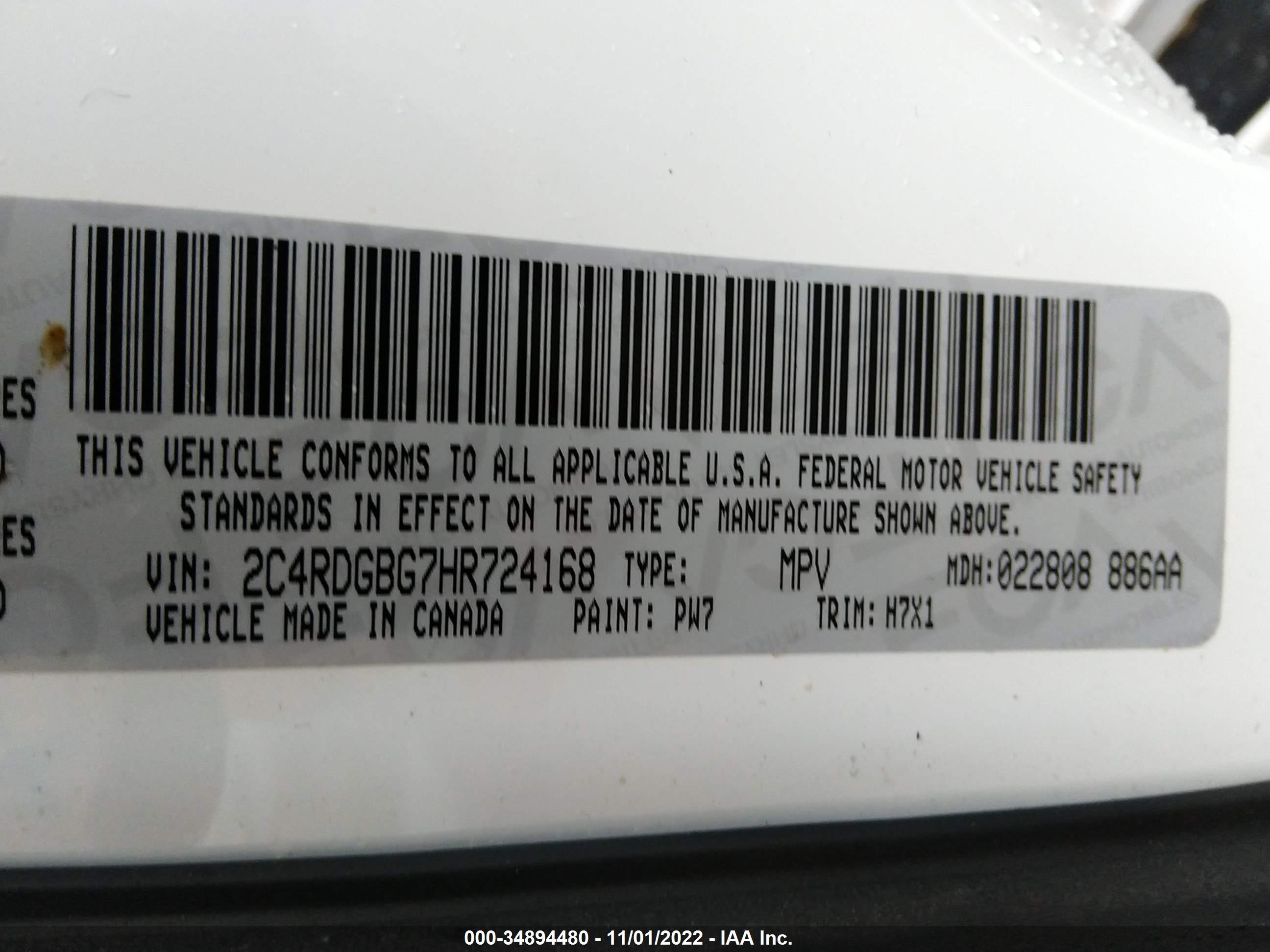 Photo 8 VIN: 2C4RDGBG7HR724168 - DODGE CARAVAN 