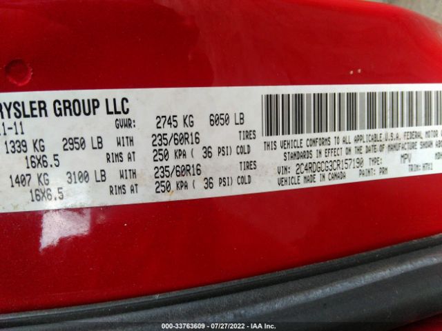 Photo 8 VIN: 2C4RDGCG3CR157190 - DODGE GRAND CARAVAN 