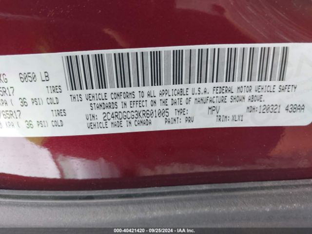 Photo 8 VIN: 2C4RDGCG3KR601005 - DODGE GRAND CARAVAN 