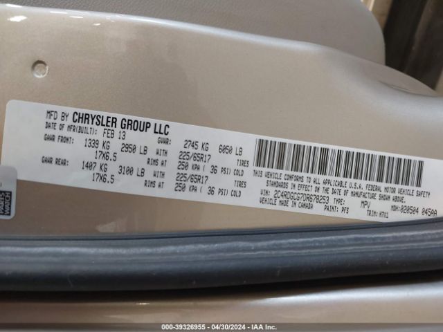 Photo 8 VIN: 2C4RDGCG7DR678253 - DODGE GRAND CARAVAN 