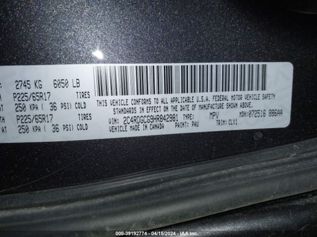 Photo 8 VIN: 2C4RDGCG9HR842981 - DODGE GRAND CARAVAN 