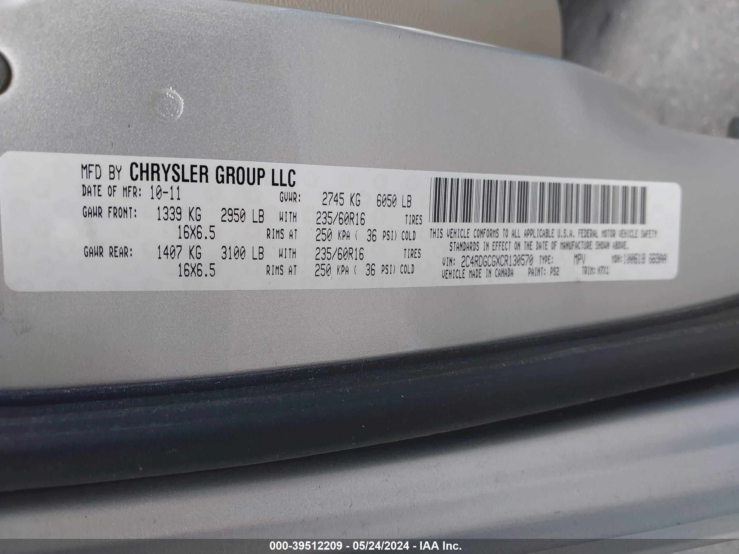 Photo 8 VIN: 2C4RDGCGXCR130570 - DODGE CARAVAN 