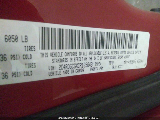 Photo 8 VIN: 2C4RDGCGXCR165643 - DODGE GRAND CARAVAN 