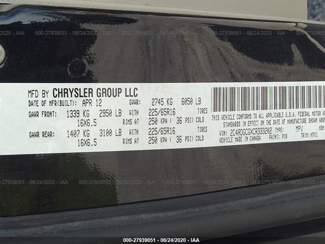 Photo 8 VIN: 2C4RDGCGXCR333202 - DODGE GRAND CARAVAN 