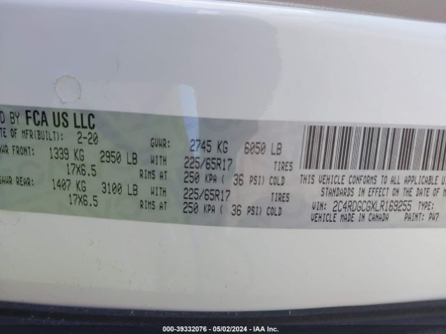 Photo 8 VIN: 2C4RDGCGXLR169255 - DODGE GRAND CARAVAN 