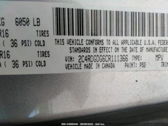 Photo 8 VIN: 2C4RDGDG6CR111366 - DODGE GRAND CARAVAN 