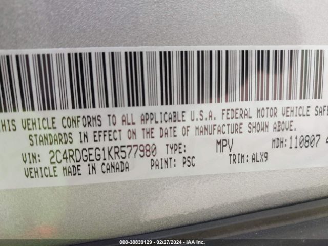 Photo 8 VIN: 2C4RDGEG1KR577980 - DODGE GRAND CARAVAN 