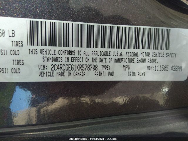 Photo 8 VIN: 2C4RDGEG1KR578708 - DODGE GRAND CARAVAN 