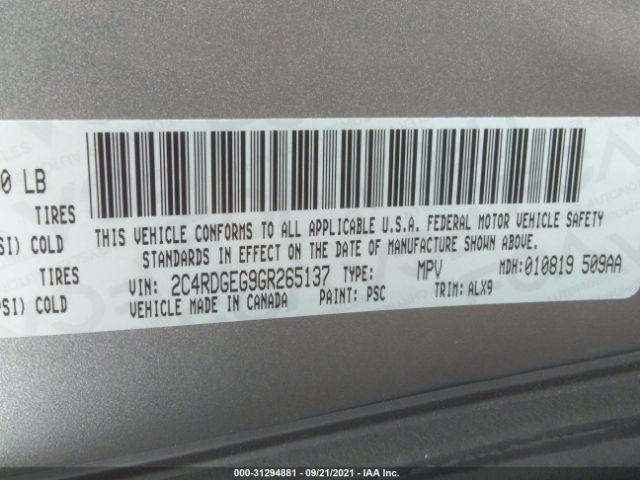 Photo 8 VIN: 2C4RDGEG9GR265137 - DODGE GRAND CARAVAN 