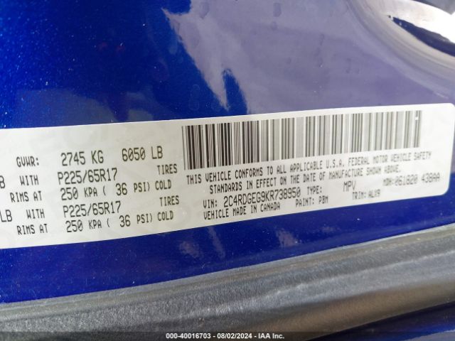 Photo 8 VIN: 2C4RDGEG9KR738950 - DODGE GRAND CARAVAN 