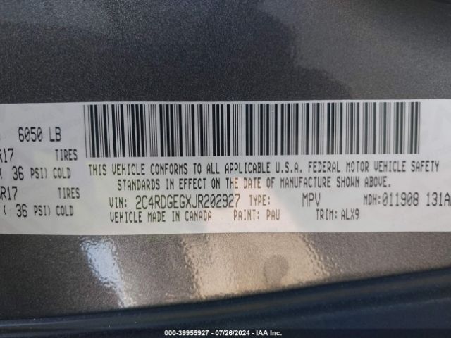 Photo 8 VIN: 2C4RDGEGXJR202927 - DODGE GRAND CARAVAN 