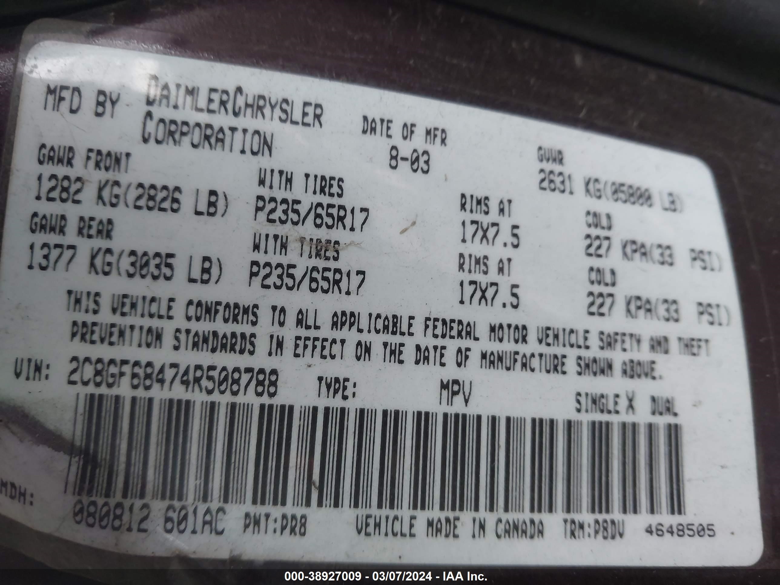 Photo 8 VIN: 2C8GF68474R508788 - CHRYSLER PACIFICA 