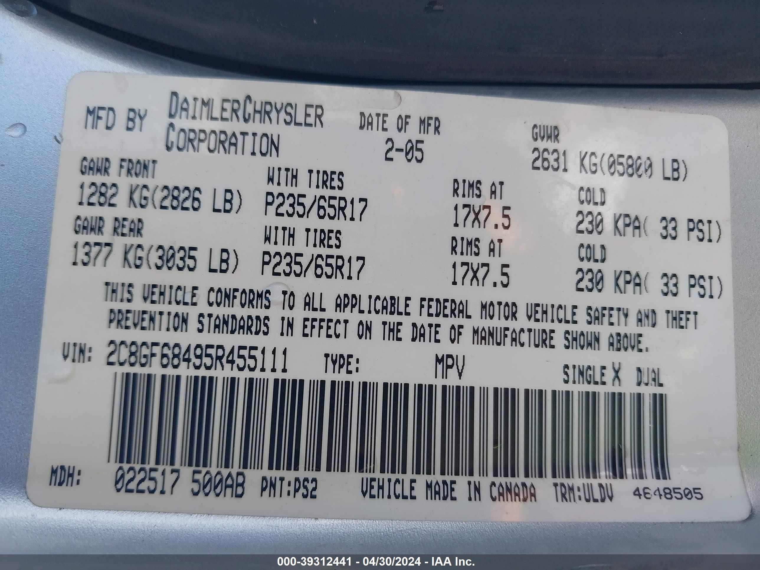 Photo 8 VIN: 2C8GF68495R455111 - CHRYSLER PACIFICA 