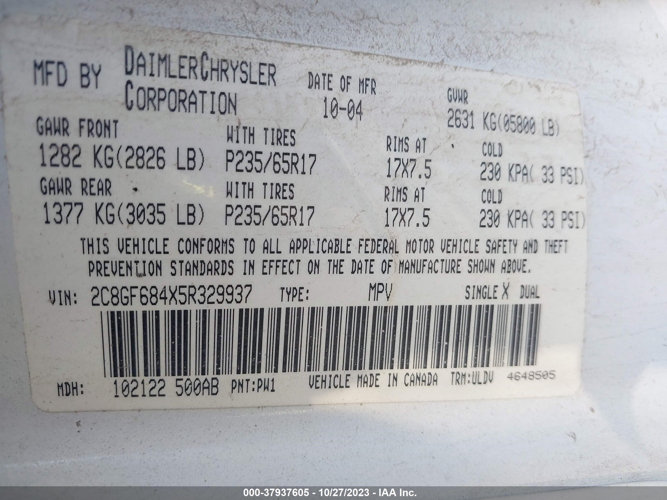 Photo 8 VIN: 2C8GF684X5R329937 - CHRYSLER PACIFICA 