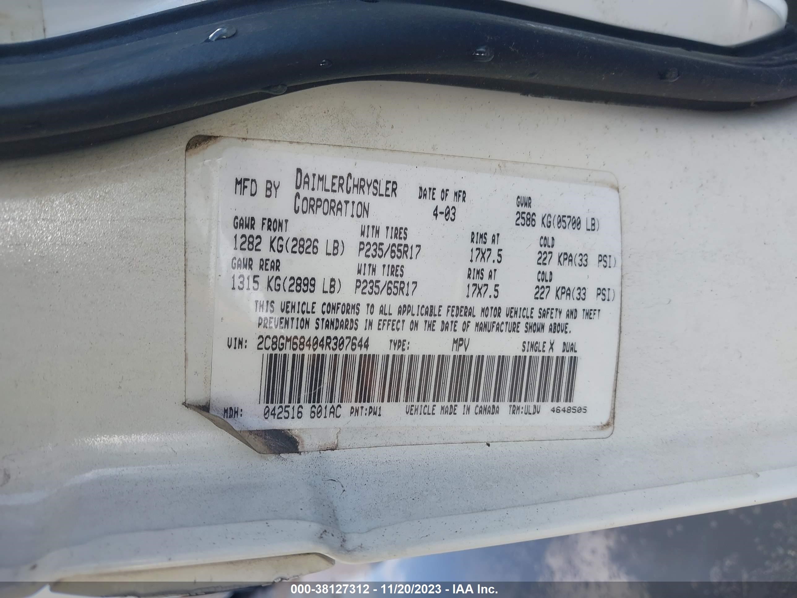 Photo 8 VIN: 2C8GM68404R307644 - CHRYSLER PACIFICA 