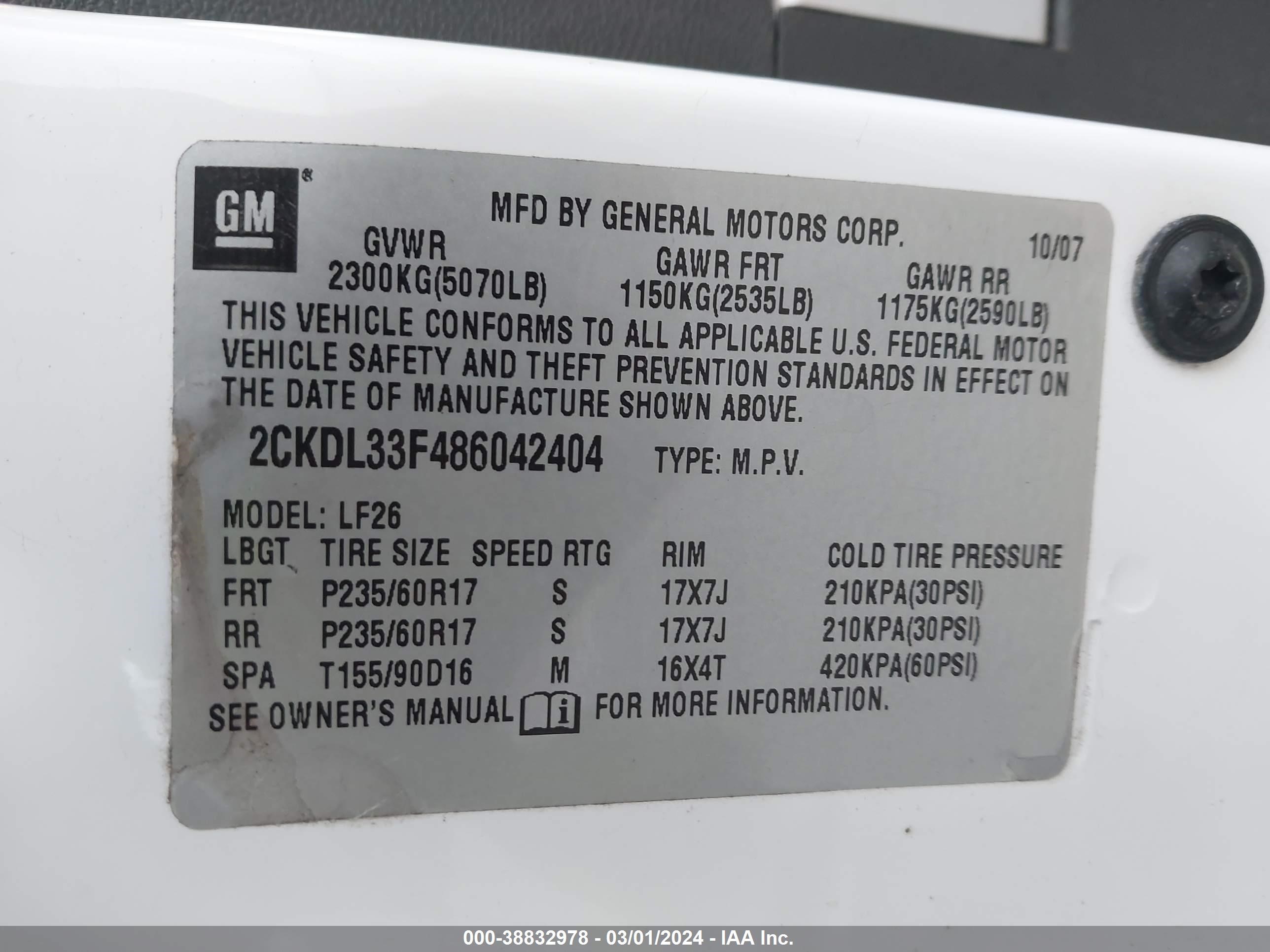 Photo 8 VIN: 2CKDL33F486042404 - PONTIAC TORRENT 