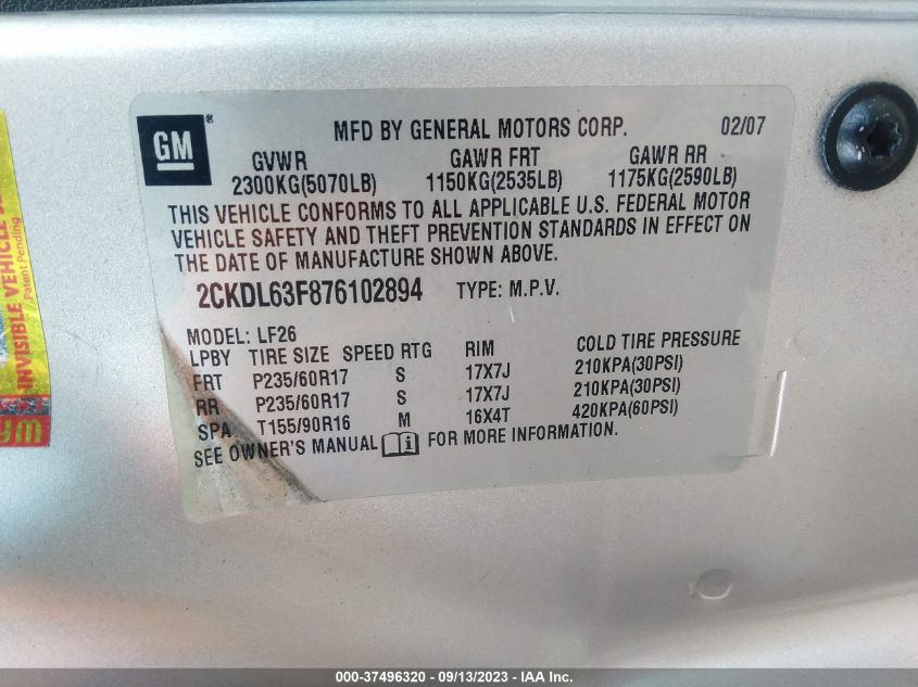 Photo 8 VIN: 2CKDL63F876102894 - PONTIAC TORRENT 