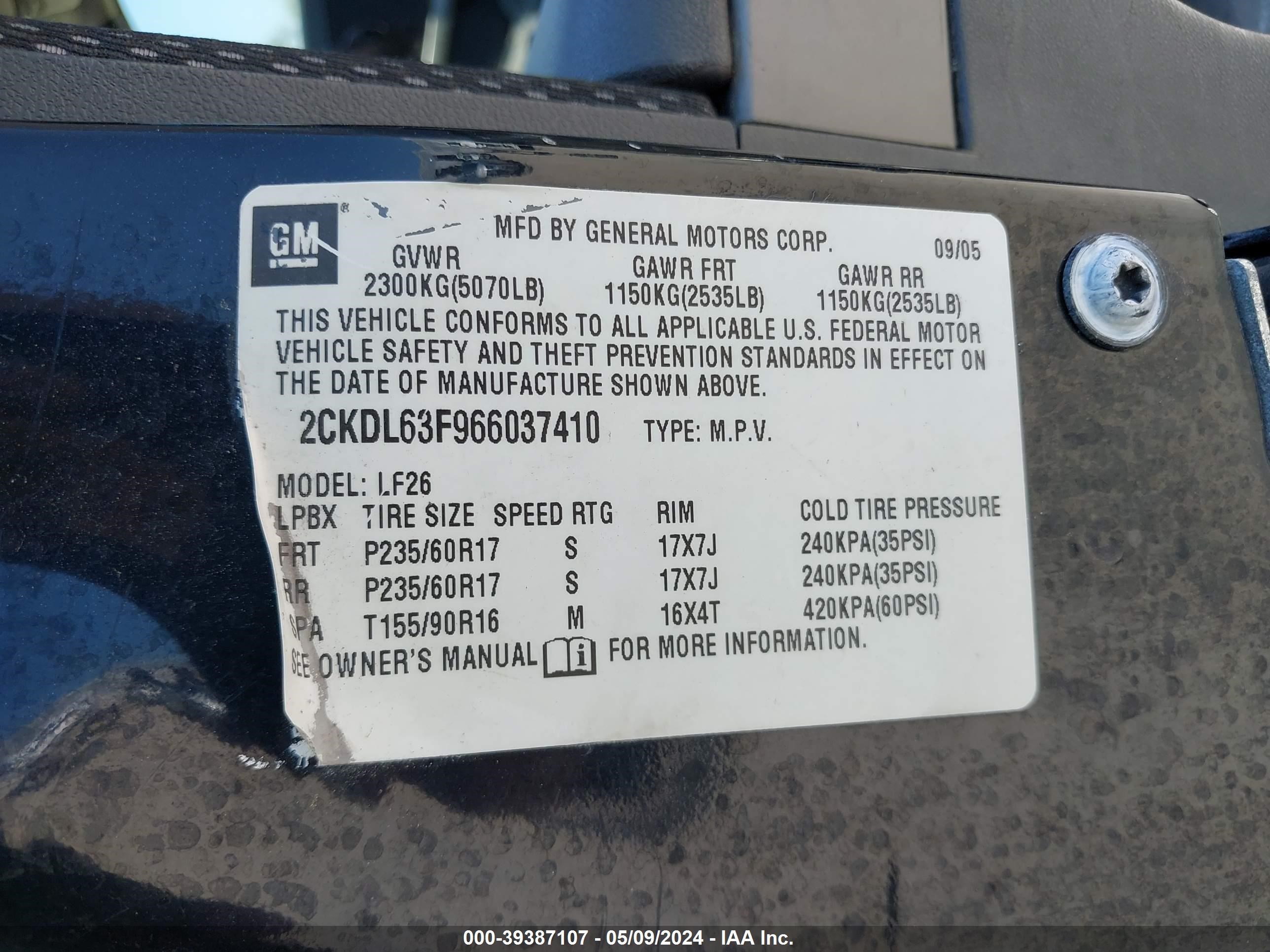 Photo 8 VIN: 2CKDL63F966037410 - PONTIAC TORRENT 