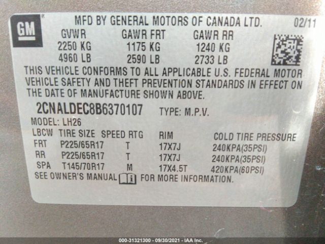 Photo 8 VIN: 2CNALDEC8B6370107 - CHEVROLET EQUINOX 