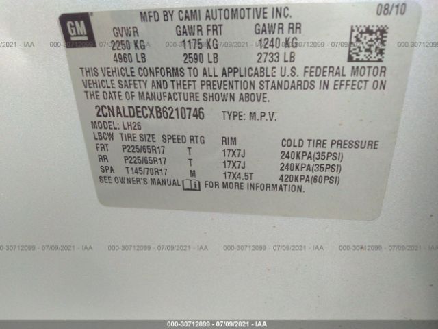 Photo 8 VIN: 2CNALDECXB6210746 - CHEVROLET EQUINOX 